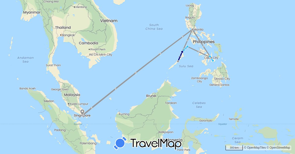 TravelMap itinerary: driving, plane, boat in Philippines, Singapore (Asia)